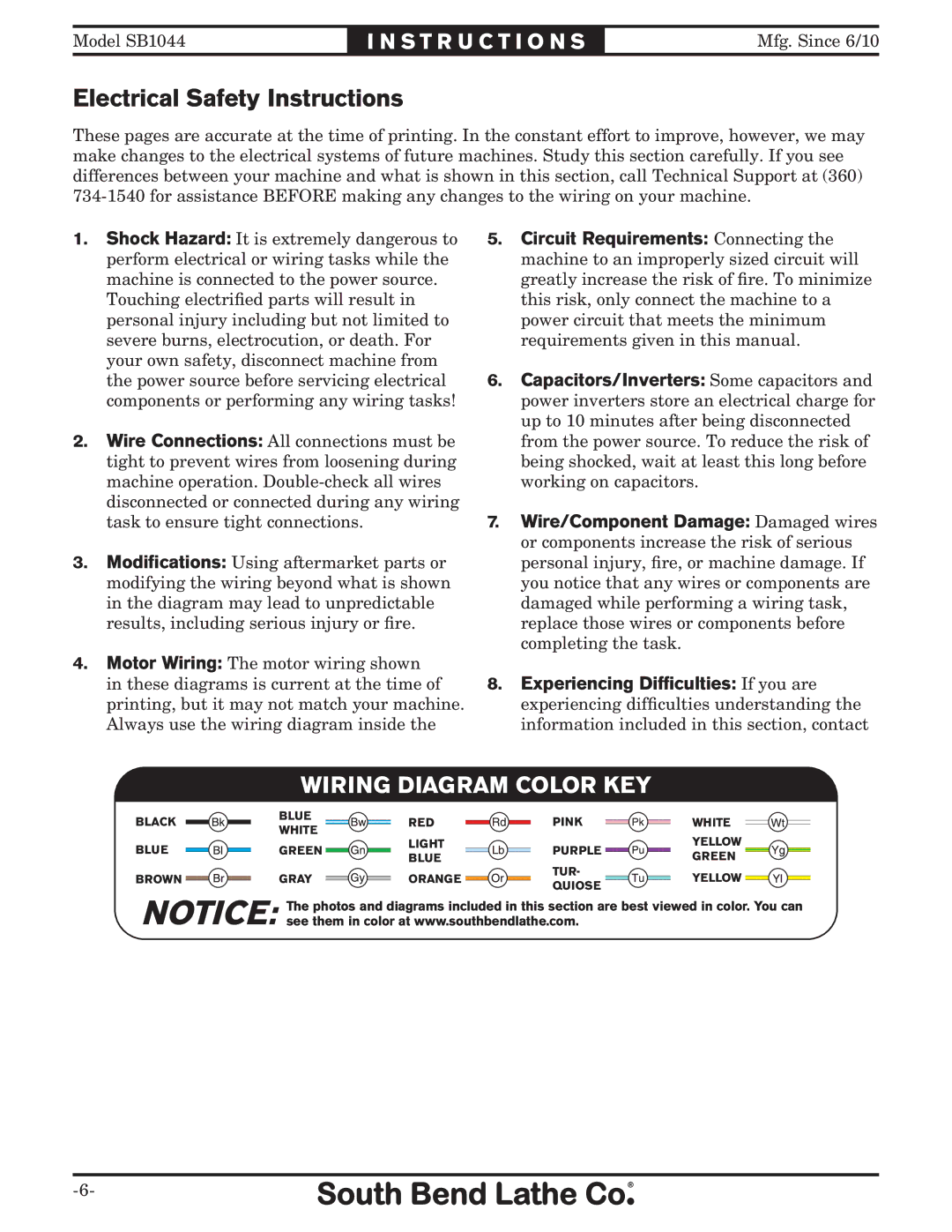 Southbend SB1044 instruction sheet Electrical Safety Instructions, Wiring Diagram Color KEY 