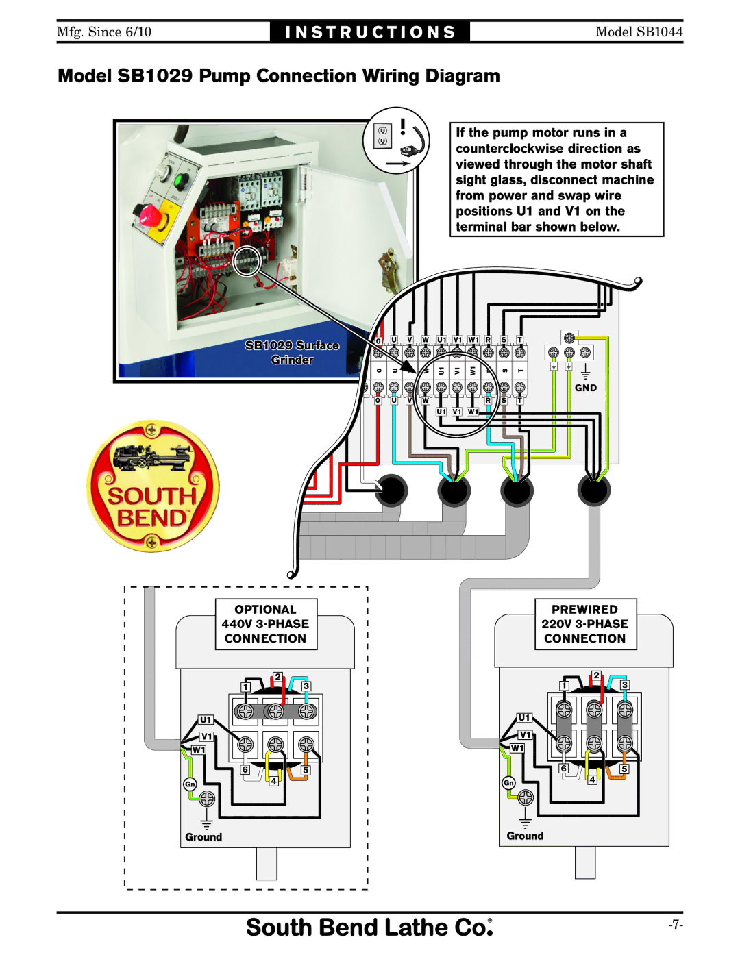 Southbend SB1044 instruction sheet Model SB1029 Pump Connection Wiring Diagram 