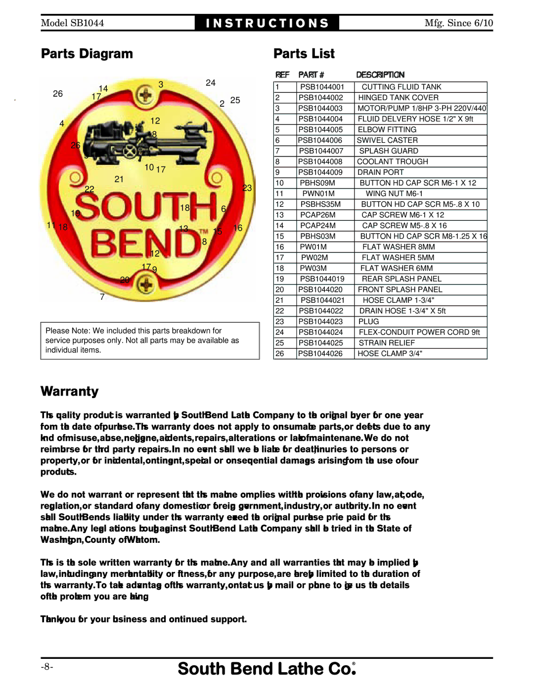 Southbend SB1044 instruction sheet Parts Diagram, Parts List, Warranty 