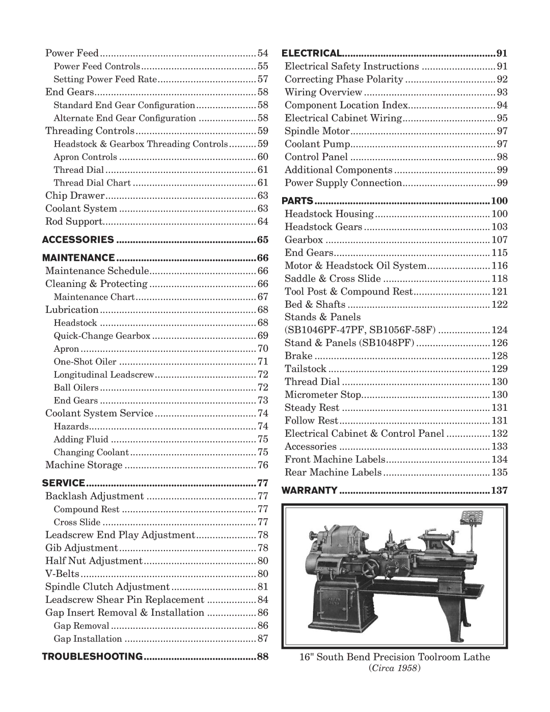 Southbend SB1046PF owner manual Accessories Maintenance 