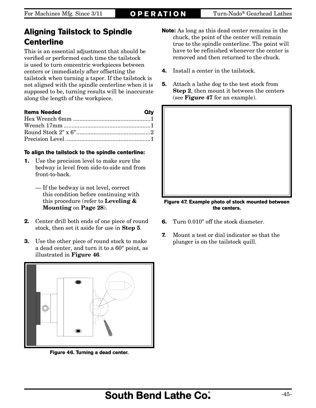 Southbend SB1046PF owner manual Aligning Tailstock to Spindle Centerline, Items Needed Qty 