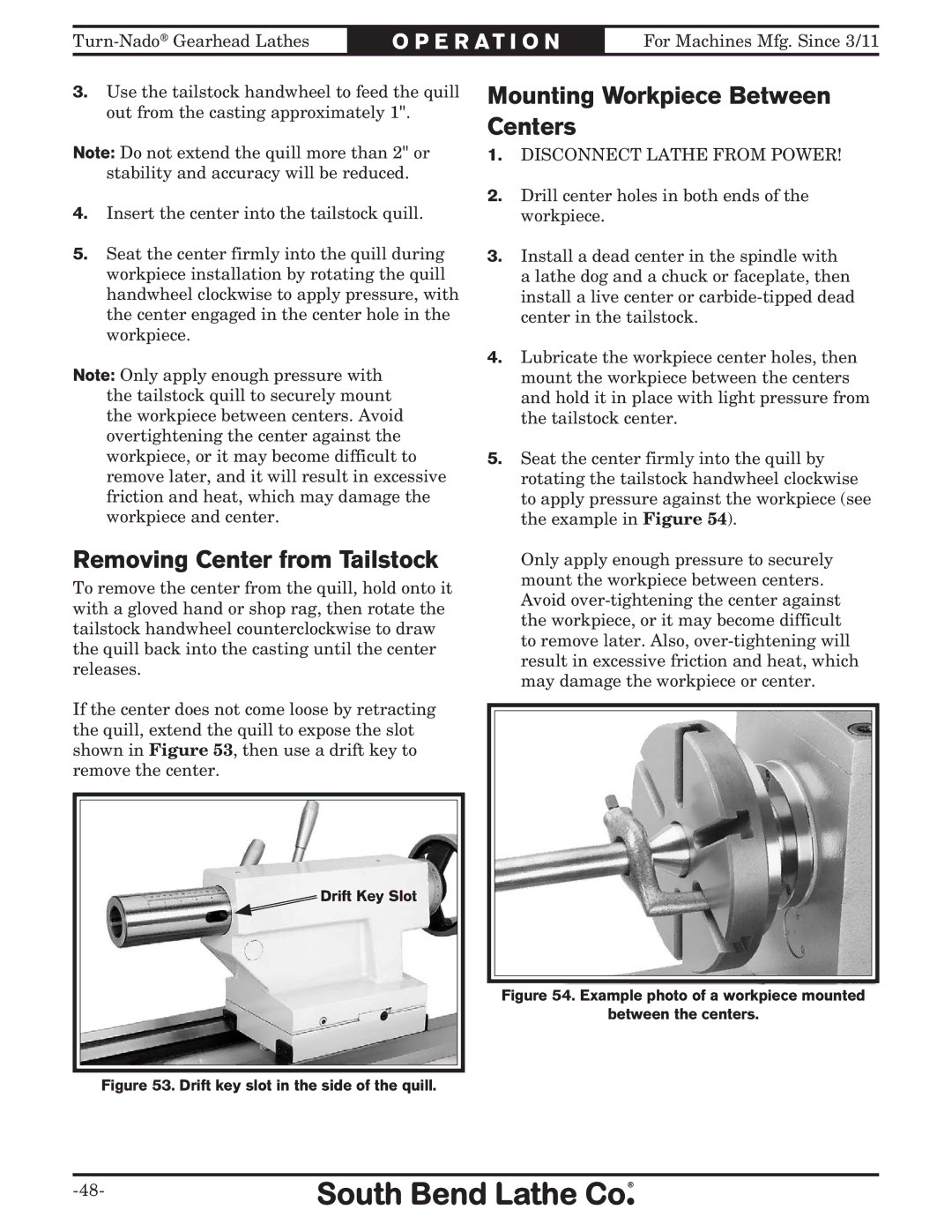 Southbend SB1046PF owner manual Removing Center from Tailstock, Mounting Workpiece Between Centers 