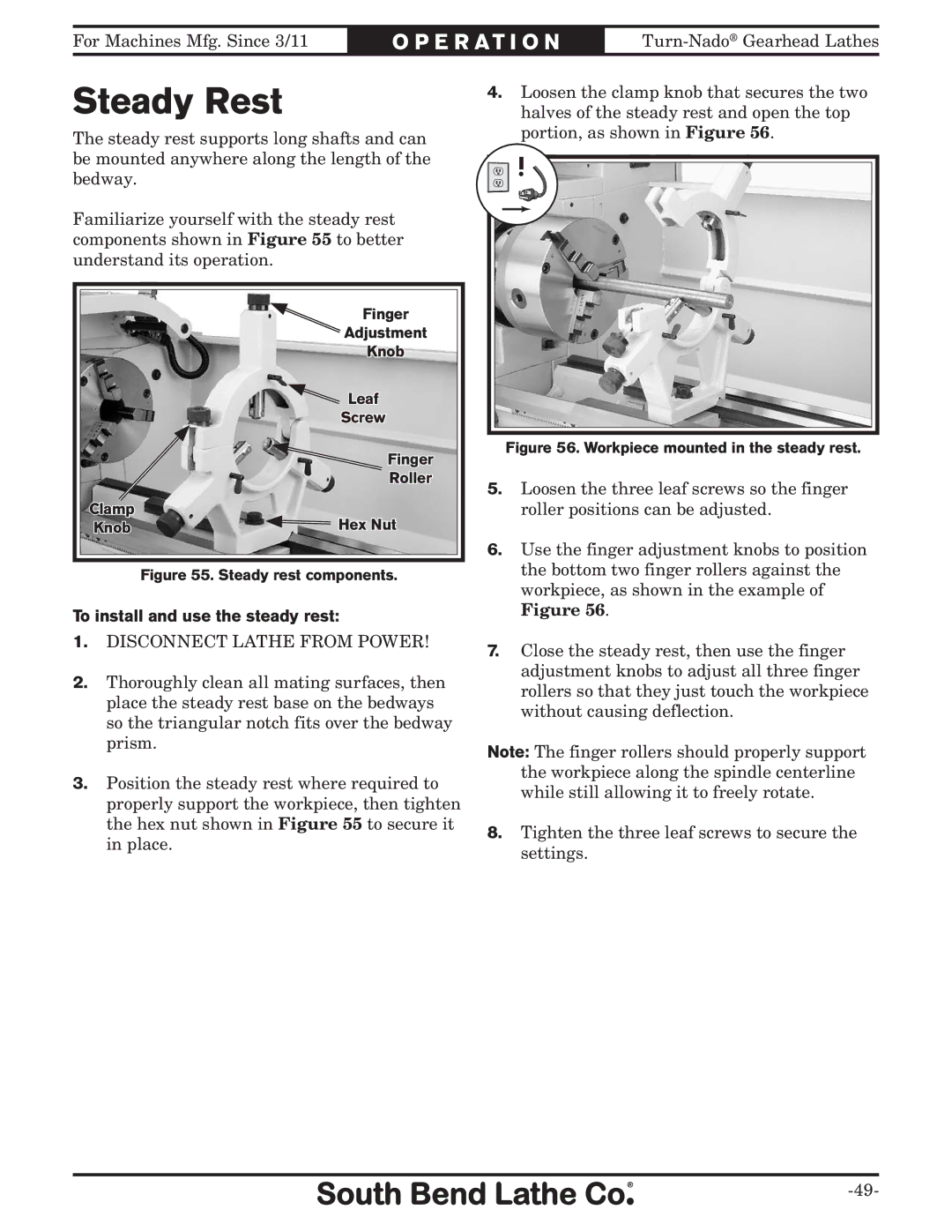 Southbend SB1046PF owner manual Steady Rest, To install and use the steady rest 