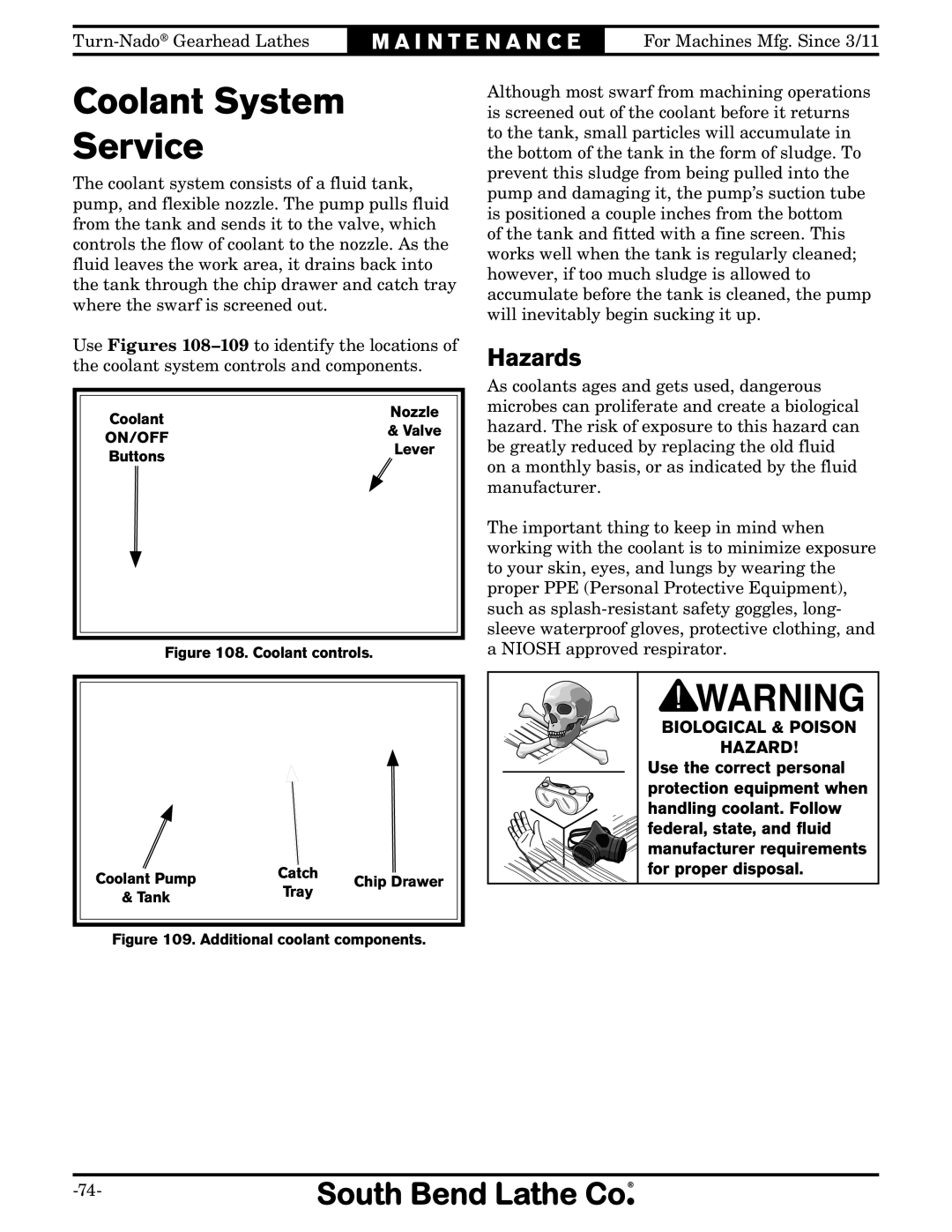 Southbend SB1046PF owner manual Coolant System Service, Hazards 