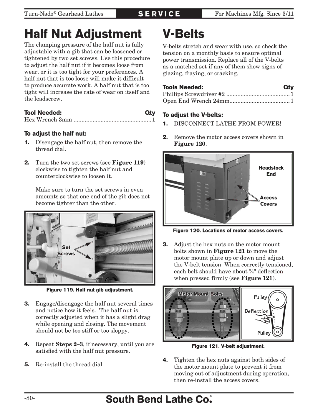 Southbend SB1046PF Half Nut Adjustment, Belts, To adjust the half nut, To adjust the V-belts, Pulley Deflection 