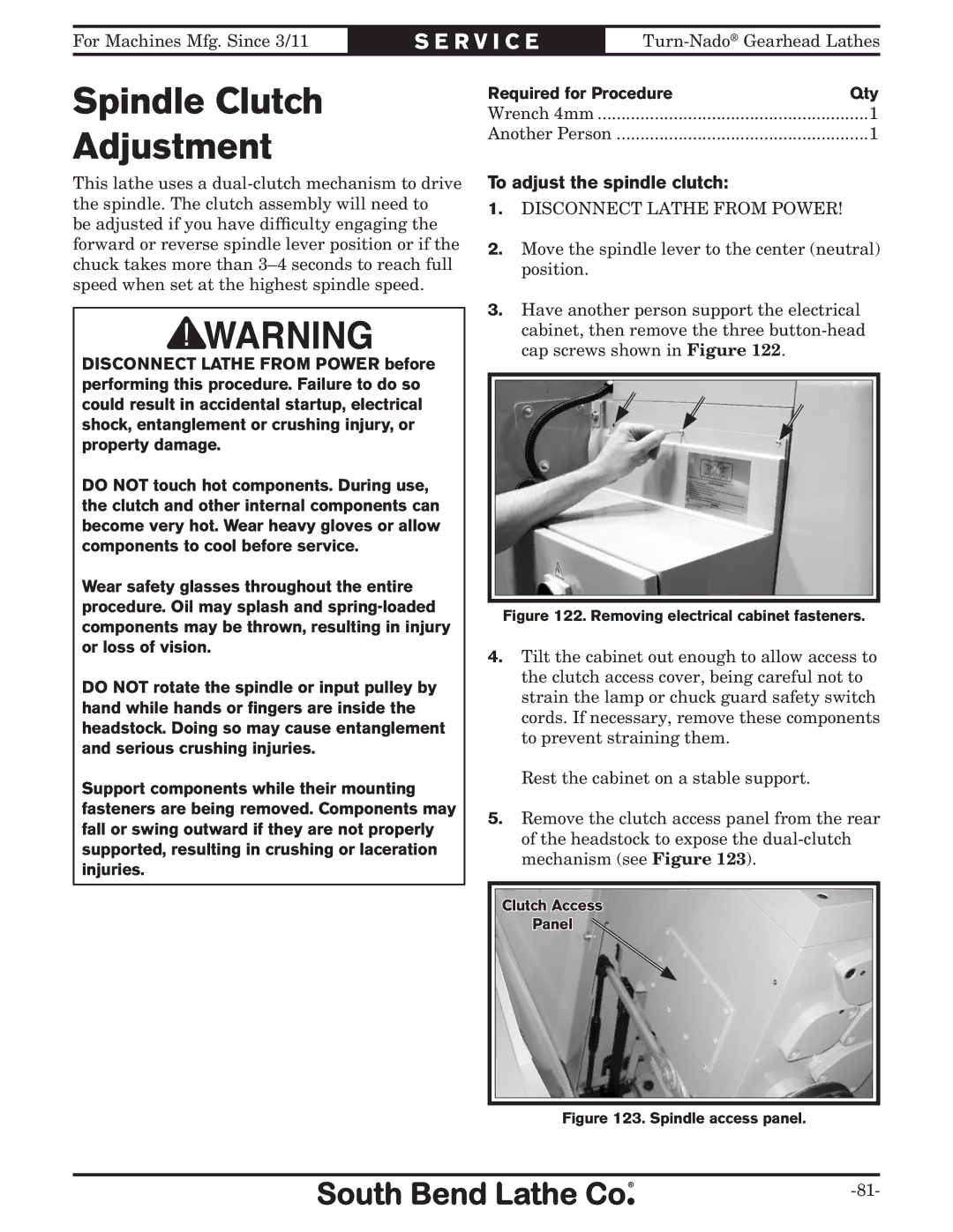 Southbend SB1046PF owner manual Spindle Clutch Adjustment, To adjust the spindle clutch 