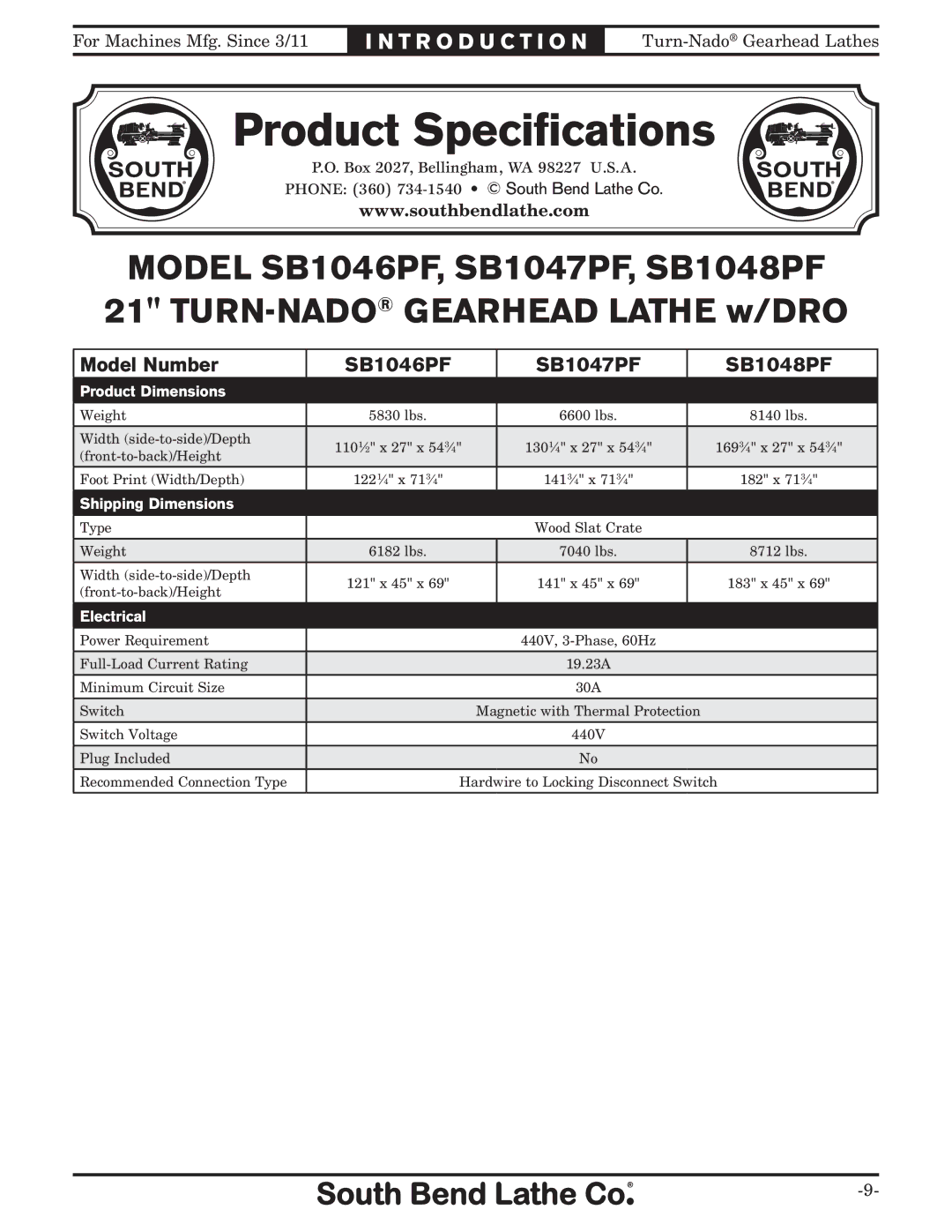 Southbend SB1046PF owner manual Product Specifications 