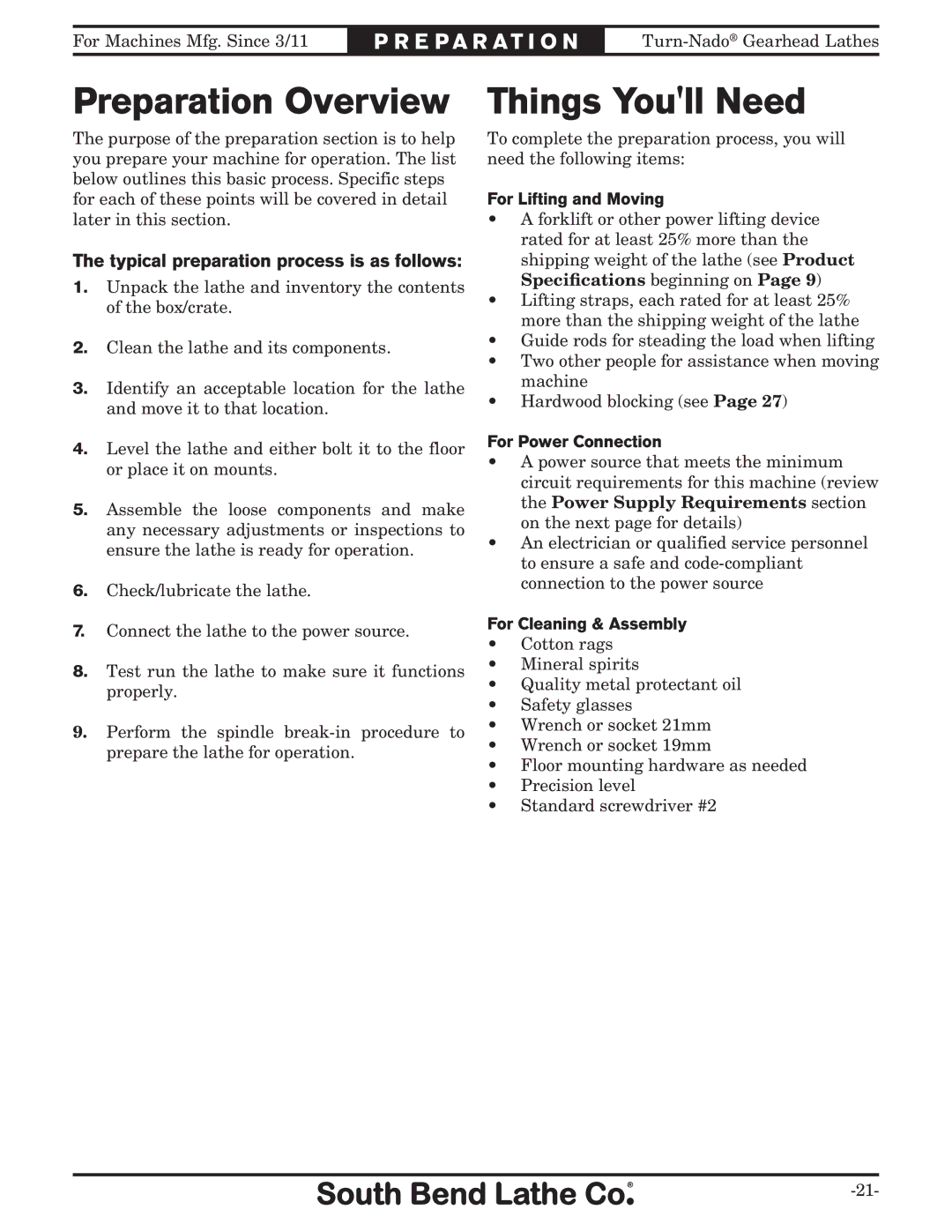 Southbend SB1046PF owner manual Preparation Overview, Things Youll Need, Typical preparation process is as follows 