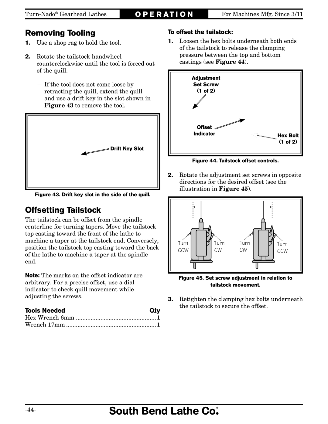 Southbend SB1046PF owner manual Removing Tooling, Offsetting Tailstock, To offset the tailstock, Tools Needed Qty 