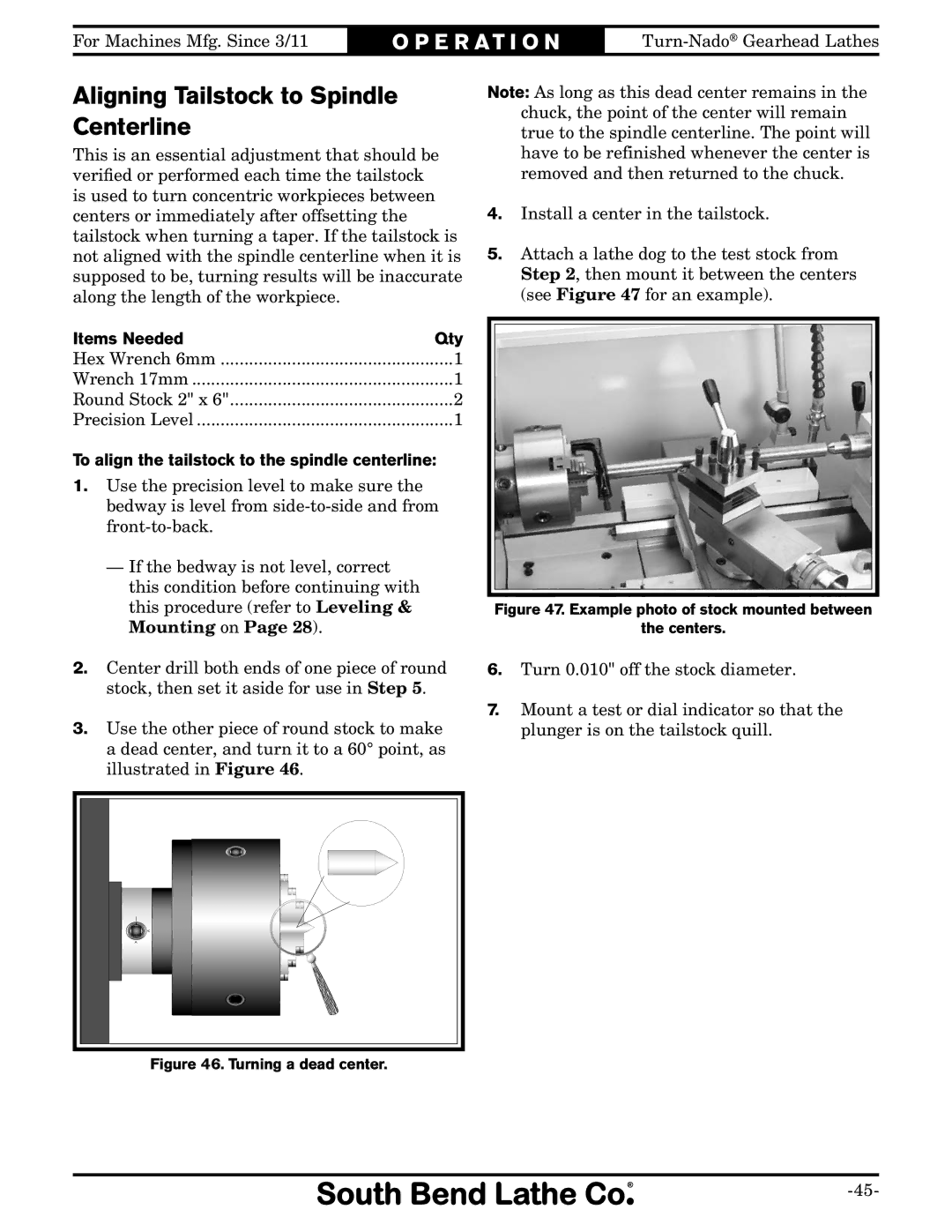 Southbend SB1046PF owner manual Aligning Tailstock to Spindle Centerline, Items Needed Qty 