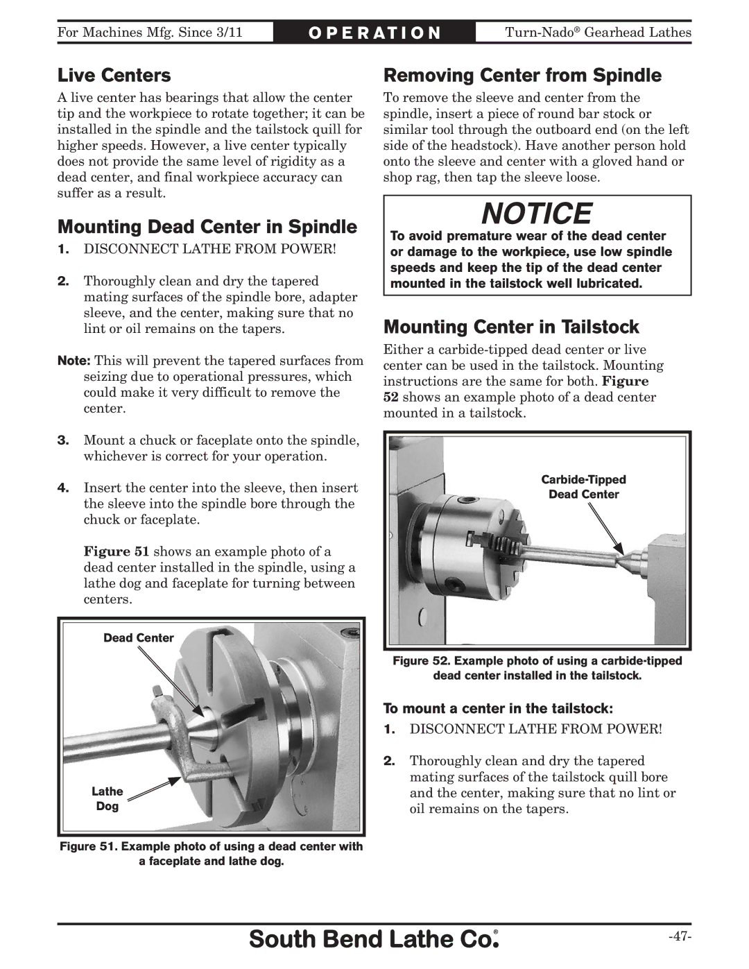 Southbend SB1046PF owner manual Live Centers, Mounting Dead Center in Spindle, Removing Center from Spindle 