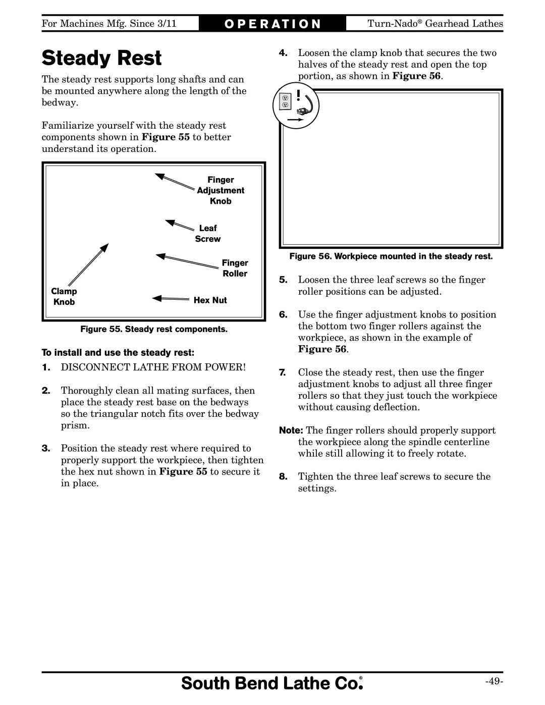 Southbend SB1046PF owner manual Steady Rest, To install and use the steady rest 