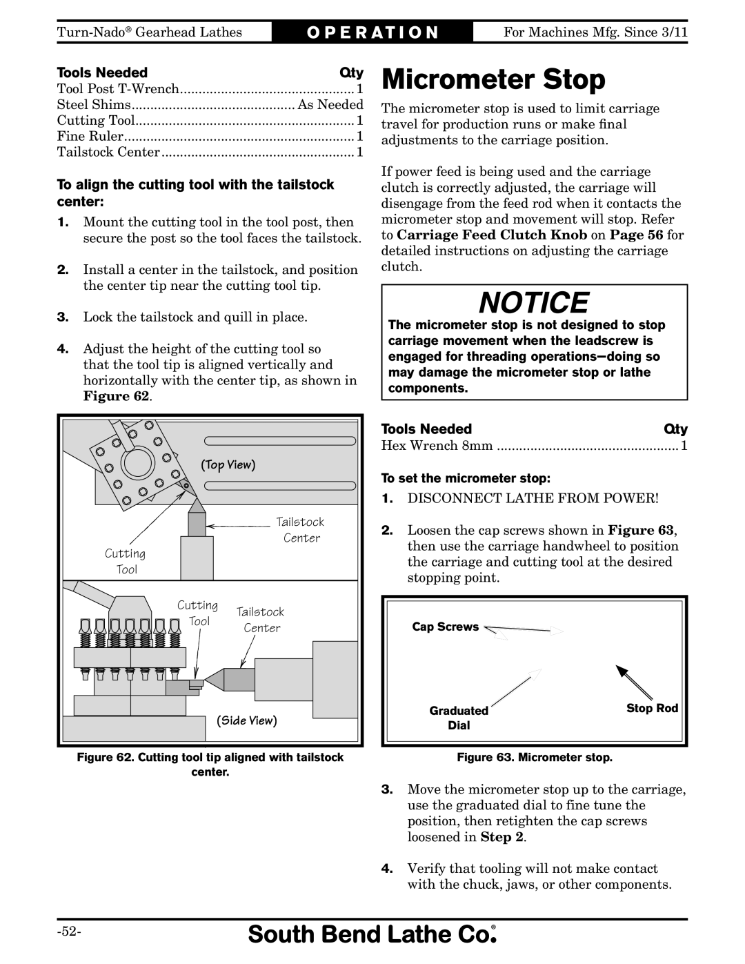 Southbend SB1046PF owner manual Micrometer Stop, To align the cutting tool with the tailstock center, Top View, Side View 