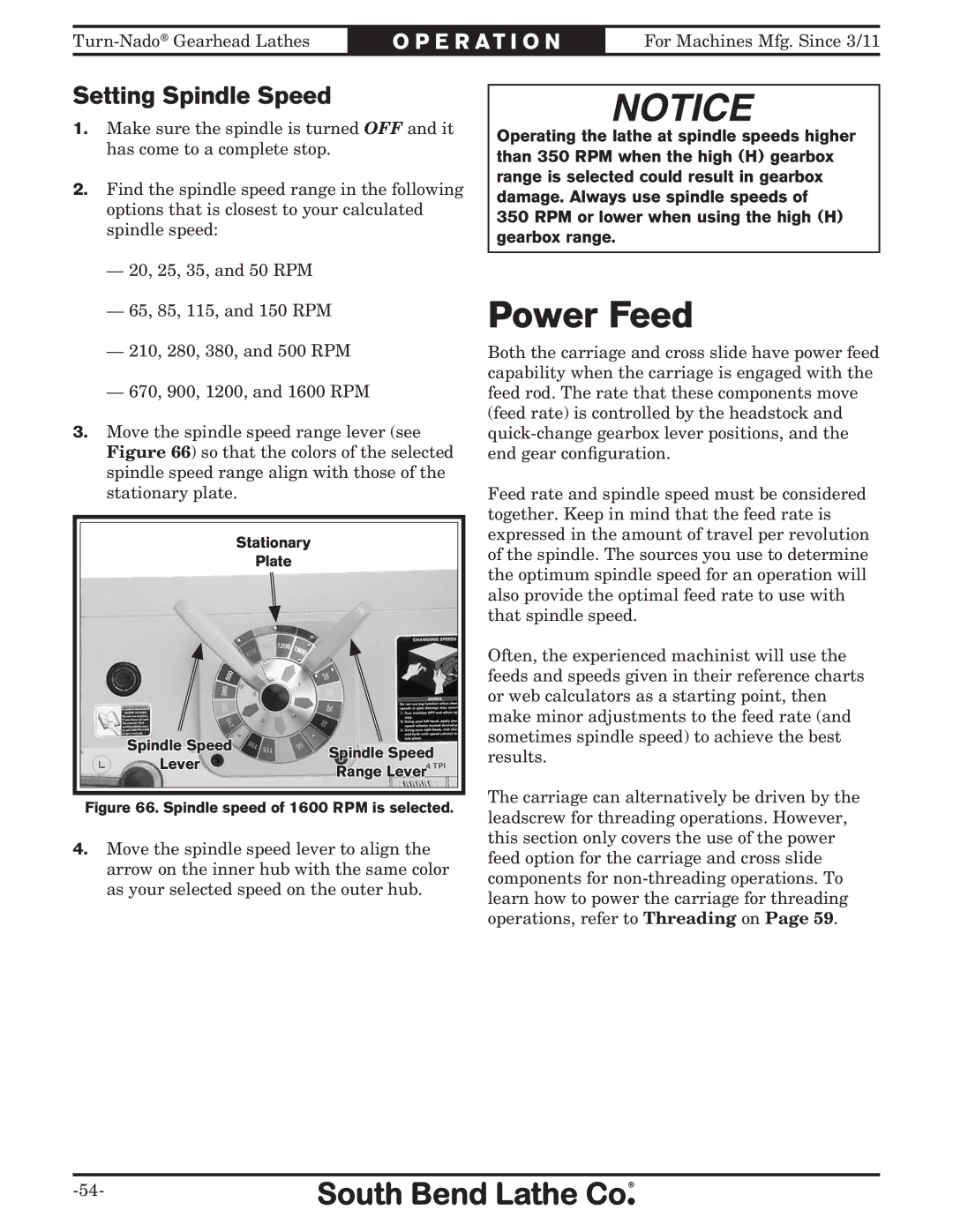 Southbend SB1046PF owner manual Power Feed, Setting Spindle Speed, RPM or lower when using the high H gearbox range 