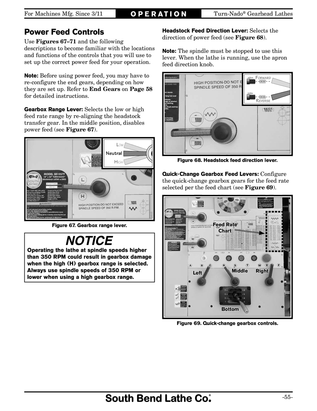 Southbend SB1046PF owner manual Power Feed Controls, Gearbox range lever 