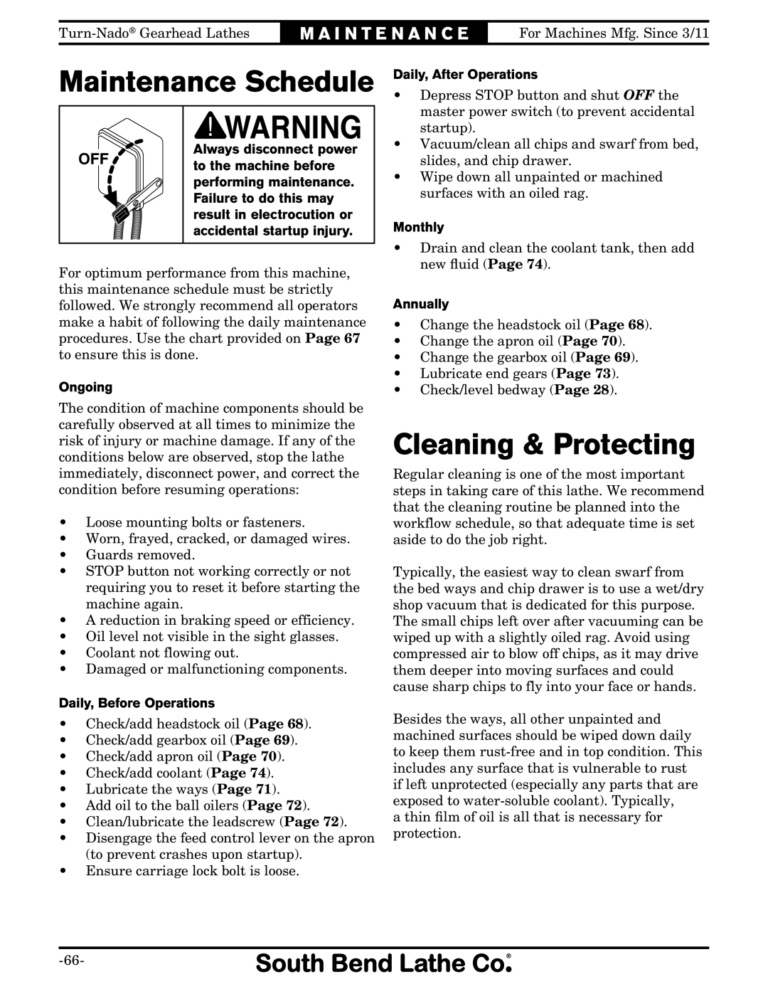 Southbend SB1046PF owner manual Maintenance Schedule 