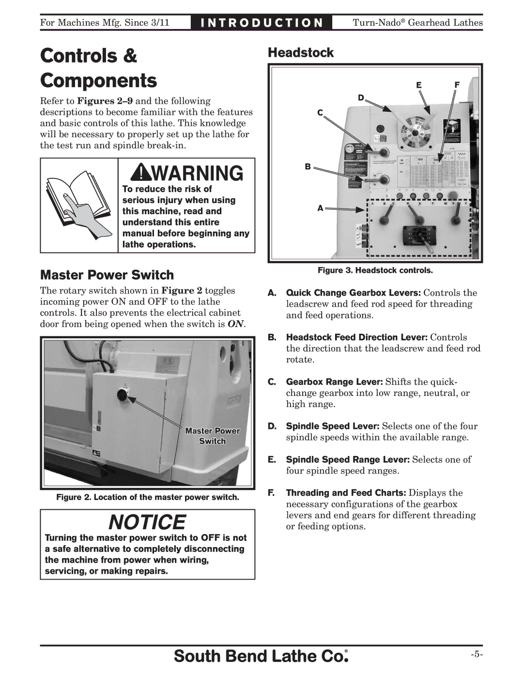 Southbend SB1046PF owner manual Controls Components, Master Power Switch, Headstock 