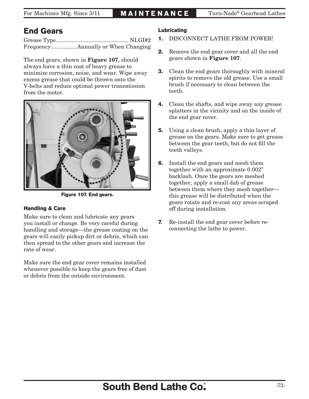 Southbend SB1046PF owner manual End Gears, Handling & Care, Lubricating 