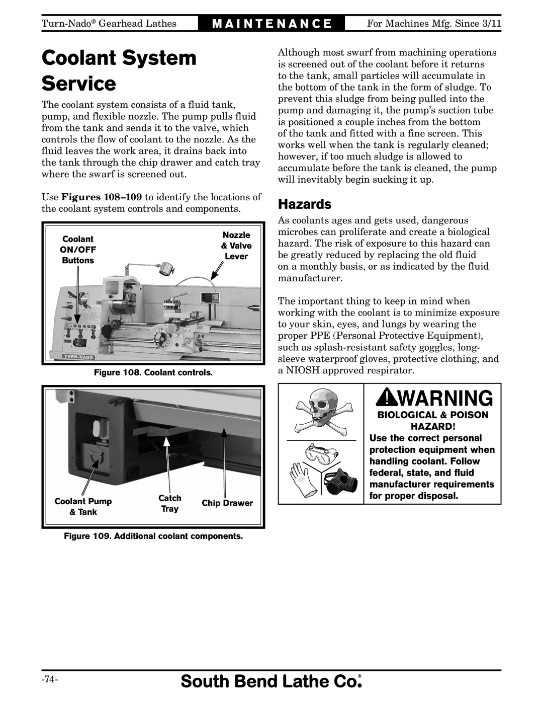 Southbend SB1046PF owner manual Coolant System Service, Hazards 