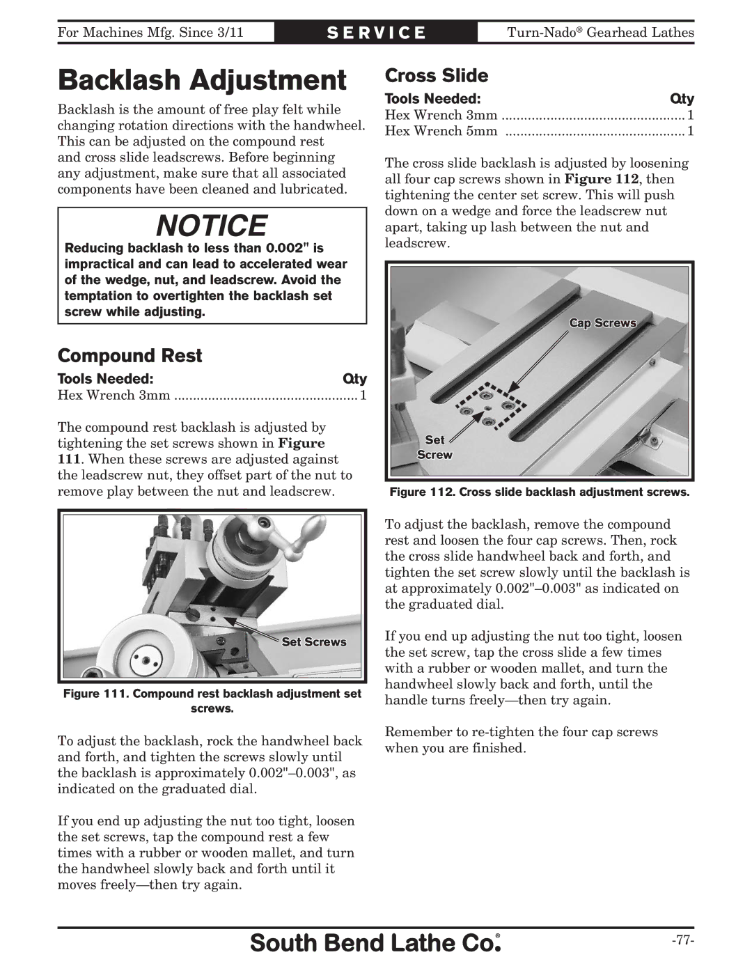 Southbend SB1046PF owner manual Backlash Adjustment, Compound Rest, Cross Slide 