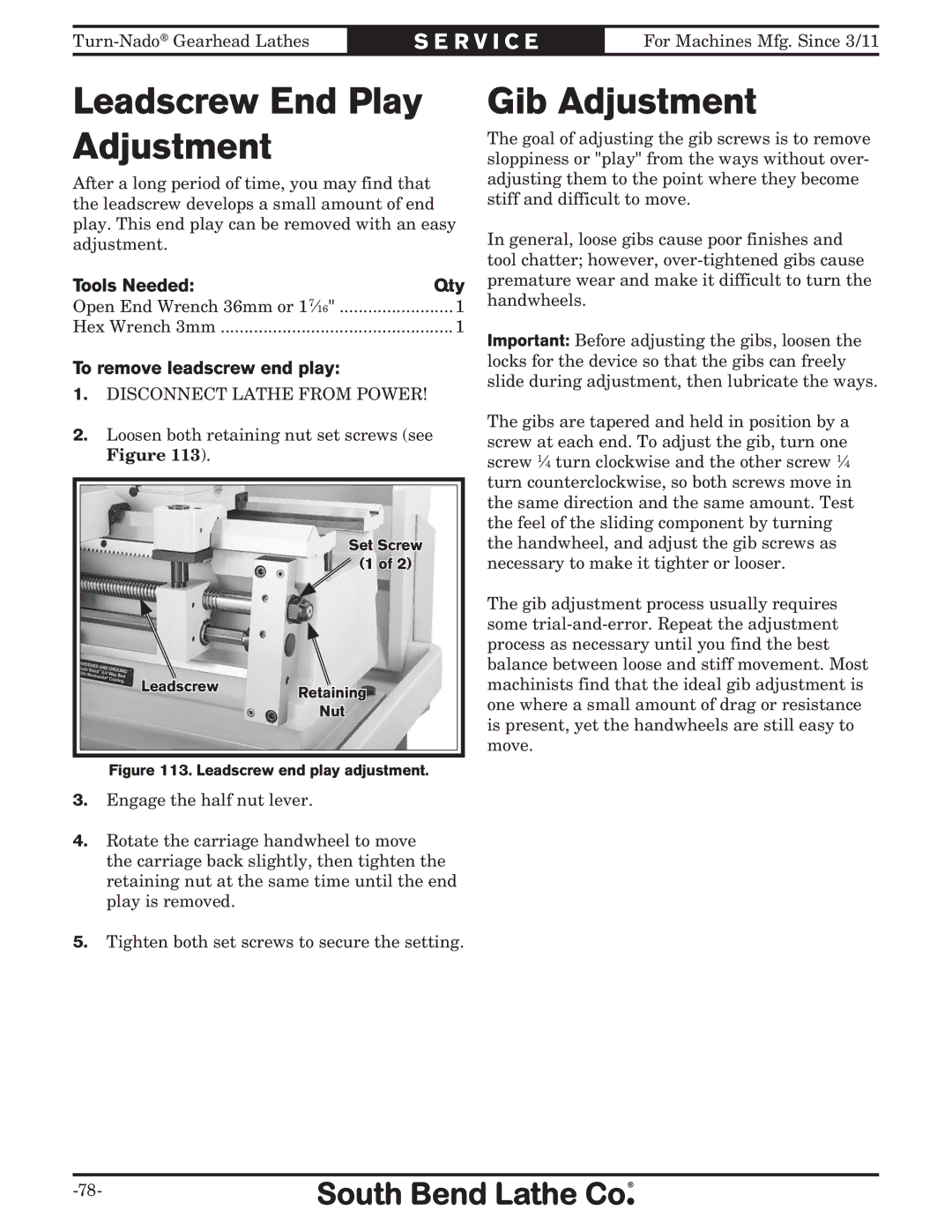 Southbend SB1046PF owner manual Leadscrew End Play Adjustment, Gib Adjustment, To remove leadscrew end play 