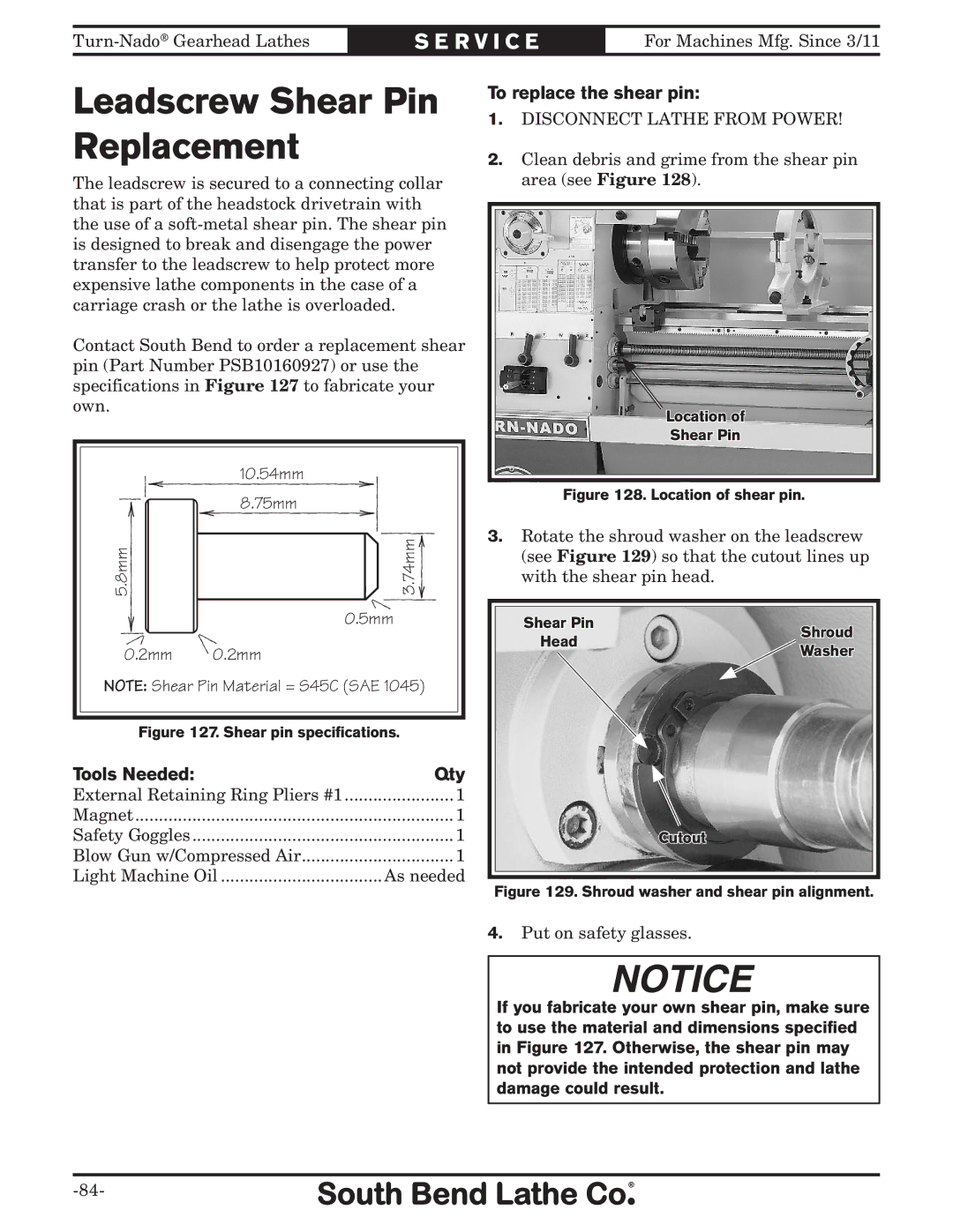 Southbend SB1046PF owner manual Leadscrew Shear Pin Replacement, To replace the shear pin 