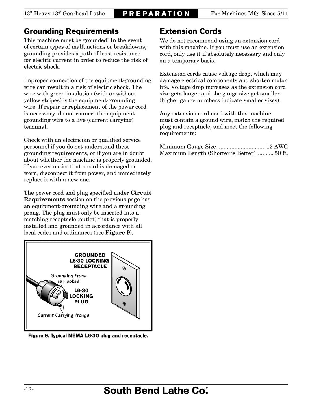 Southbend SB1049 owner manual Grounding Requirements, Extension Cords 