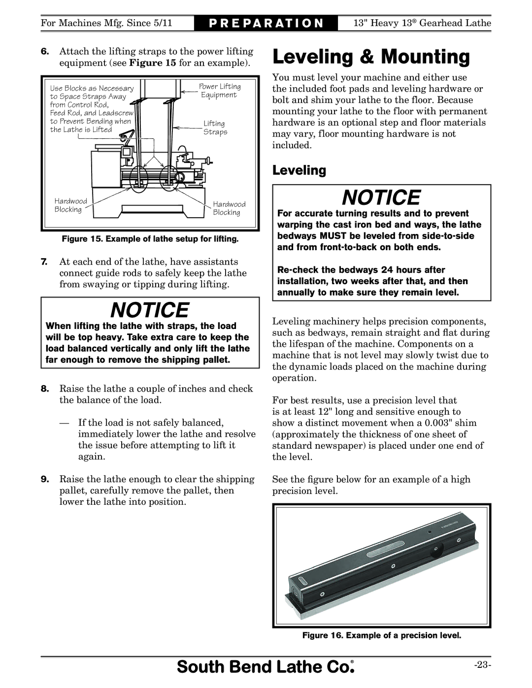 Southbend SB1049 owner manual Leveling & Mounting 