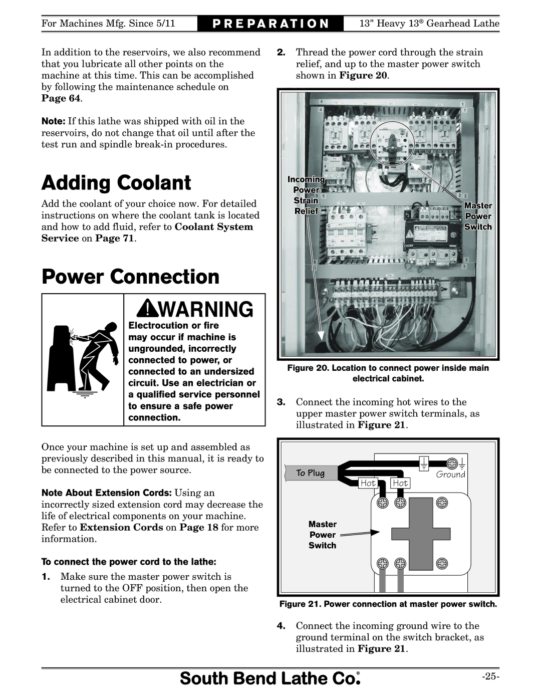 Southbend SB1049 owner manual Adding Coolant, Power Connection, To connect the power cord to the lathe, To Plug, Hot 