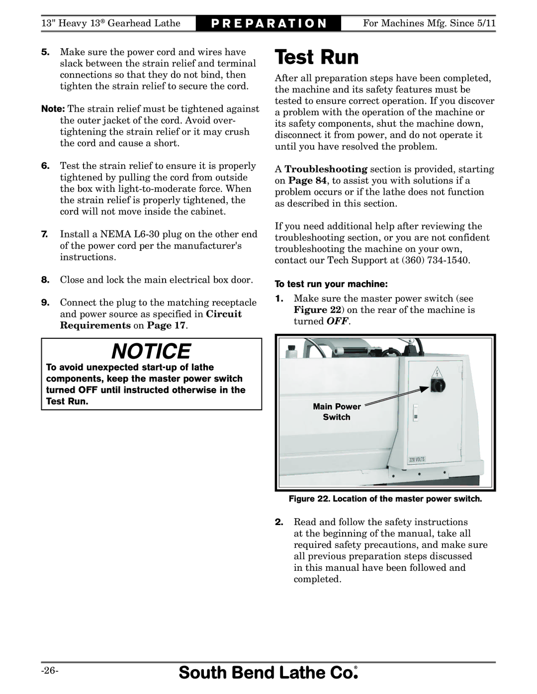 Southbend SB1049 owner manual Test Run, To test run your machine 