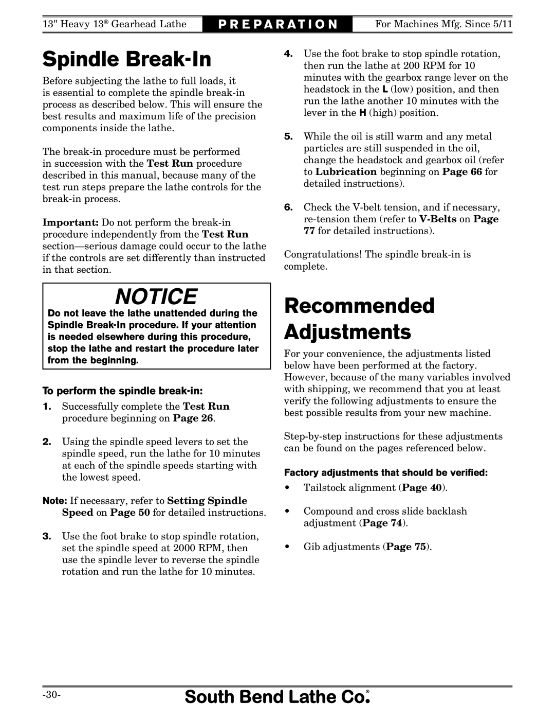 Southbend SB1049 owner manual Spindle Break-In, Recommended Adjustments, To perform the spindle break-in 