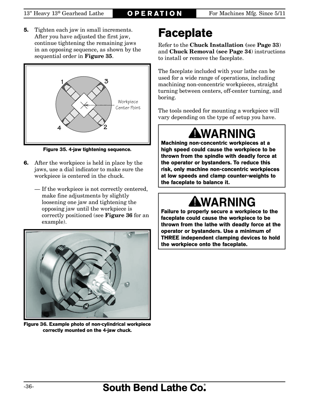 Southbend SB1049 owner manual Faceplate, Jaw tightening sequence 