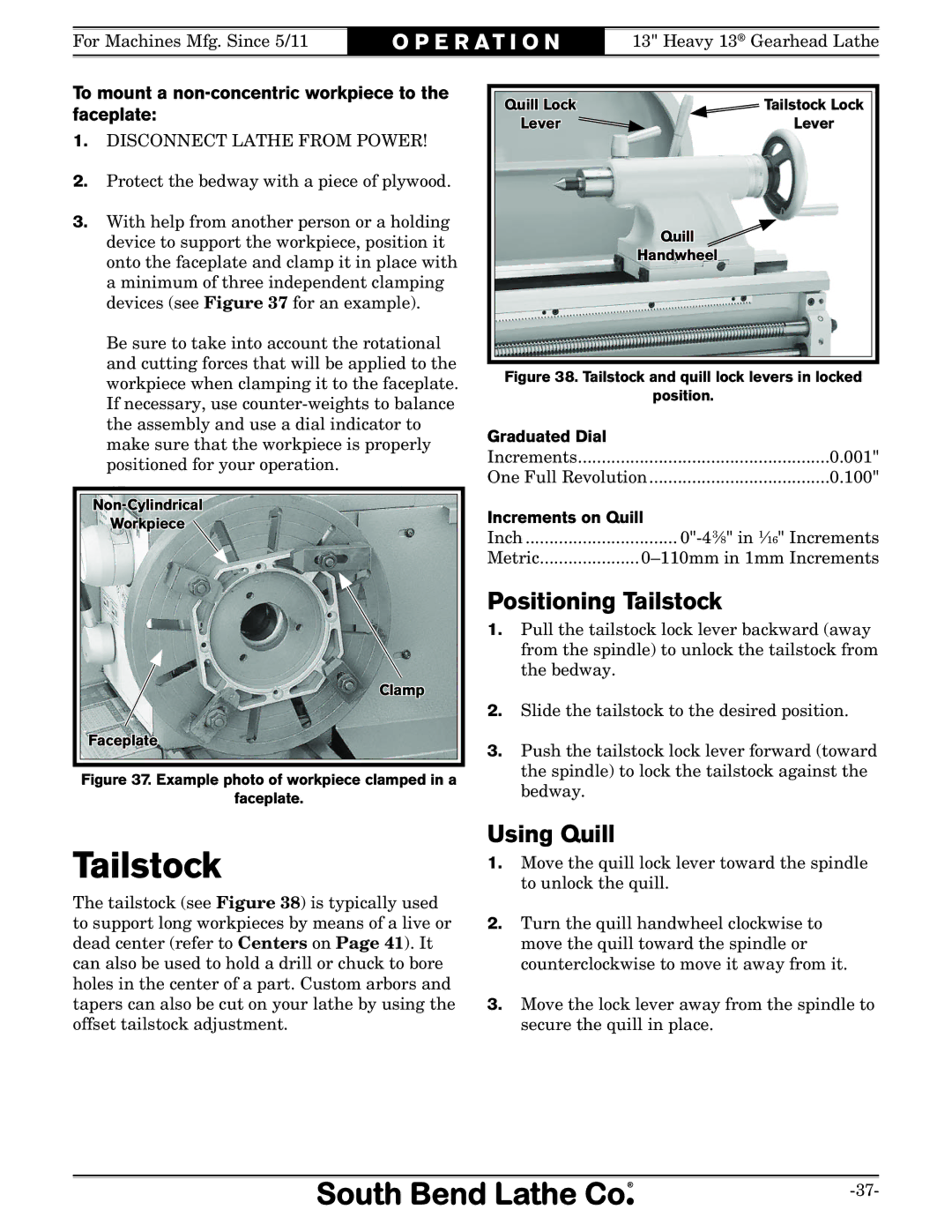 Southbend SB1049 owner manual Positioning Tailstock, Using Quill, To mount a non-concentric workpiece to the faceplate 