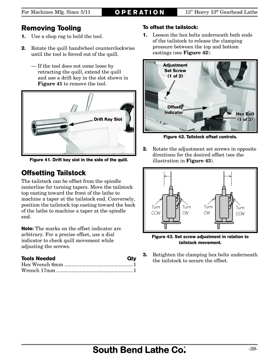 Southbend SB1049 owner manual Removing Tooling, Offsetting Tailstock, To offset the tailstock, Tools Needed Qty 