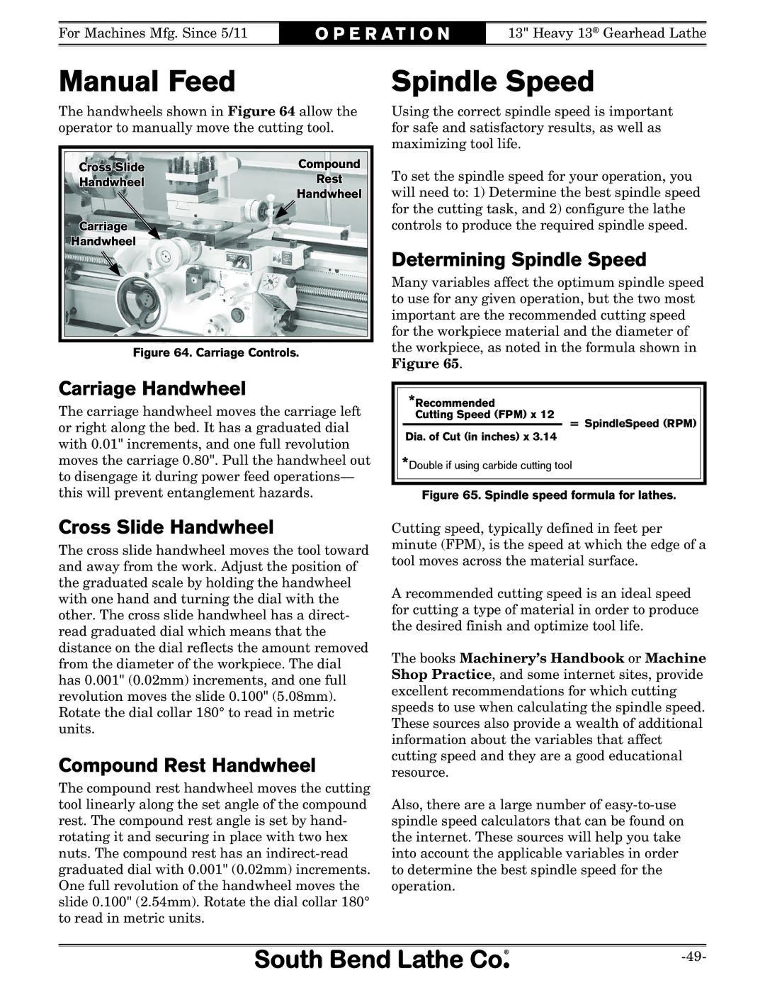 Southbend SB1049 owner manual Manual Feed, Spindle Speed 