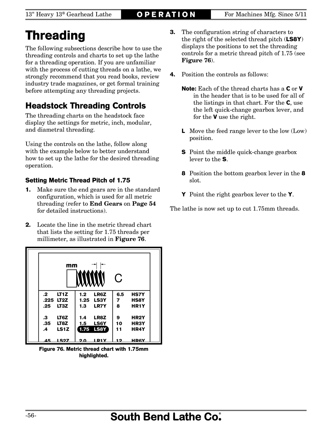 Southbend SB1049 owner manual Headstock Threading Controls, Setting Metric Thread Pitch 