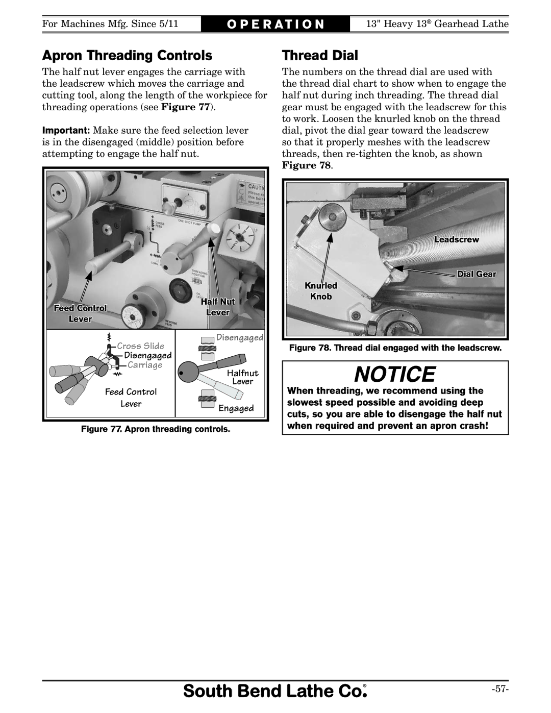 Southbend SB1049 owner manual Apron Threading Controls, Thread Dial, Feed Control Lever, Halfnut Lever Engaged 