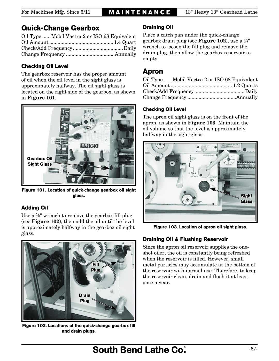 Southbend SB1049 owner manual Quick-Change Gearbox, Apron, Draining Oil & Flushing Reservoir, Checking Oil Level 