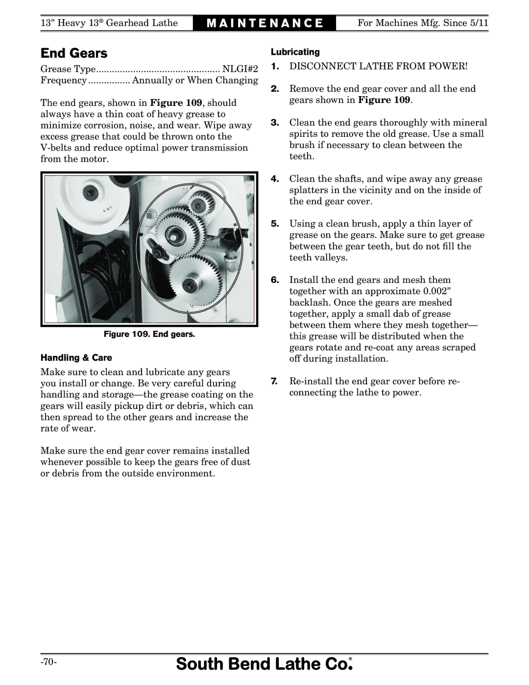 Southbend SB1049 owner manual Handling & Care, Lubricating 