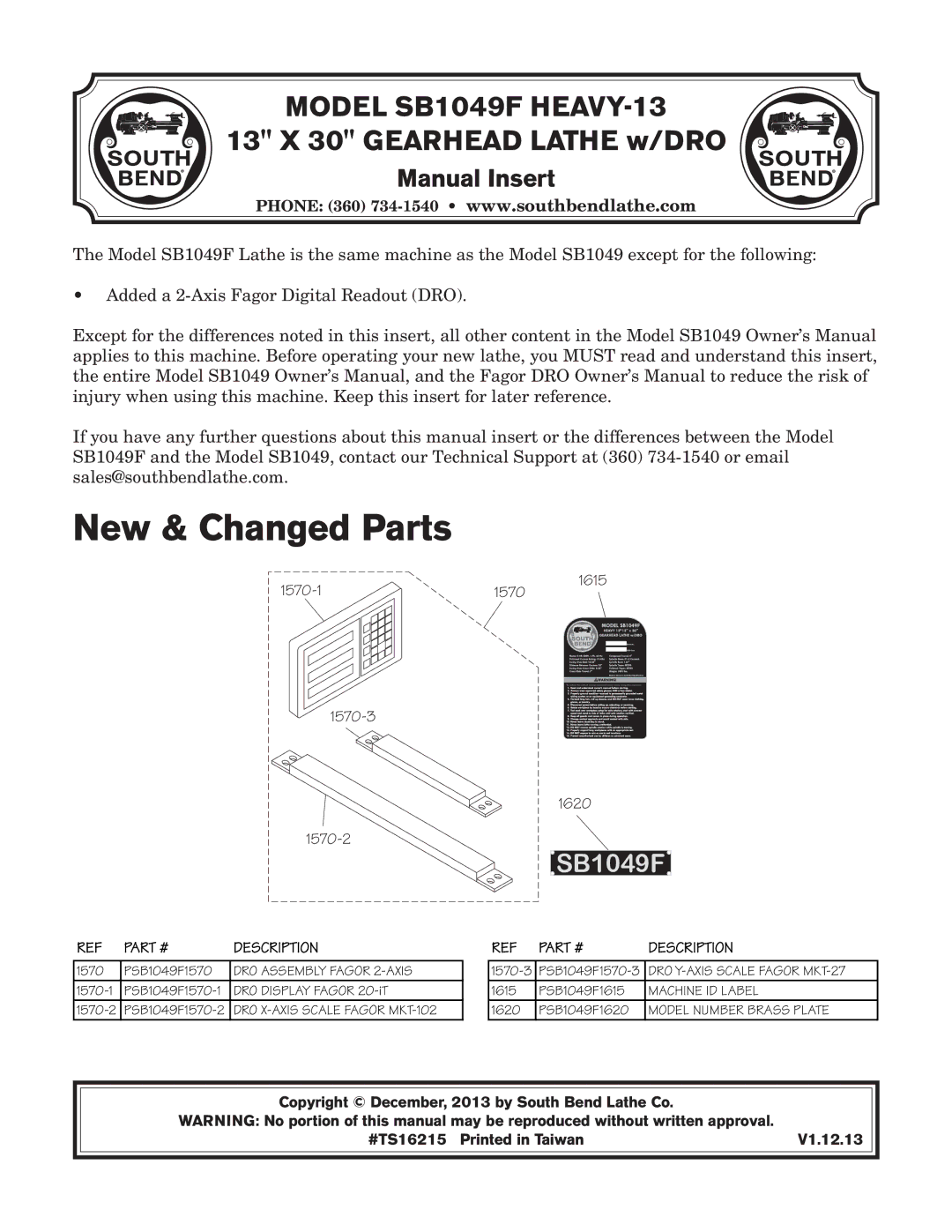 Southbend SB1049F owner manual New & Changed Parts, Manual Insert 