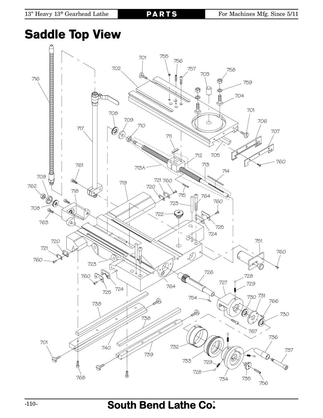 Southbend SB1049F owner manual Saddle Top View, 721 