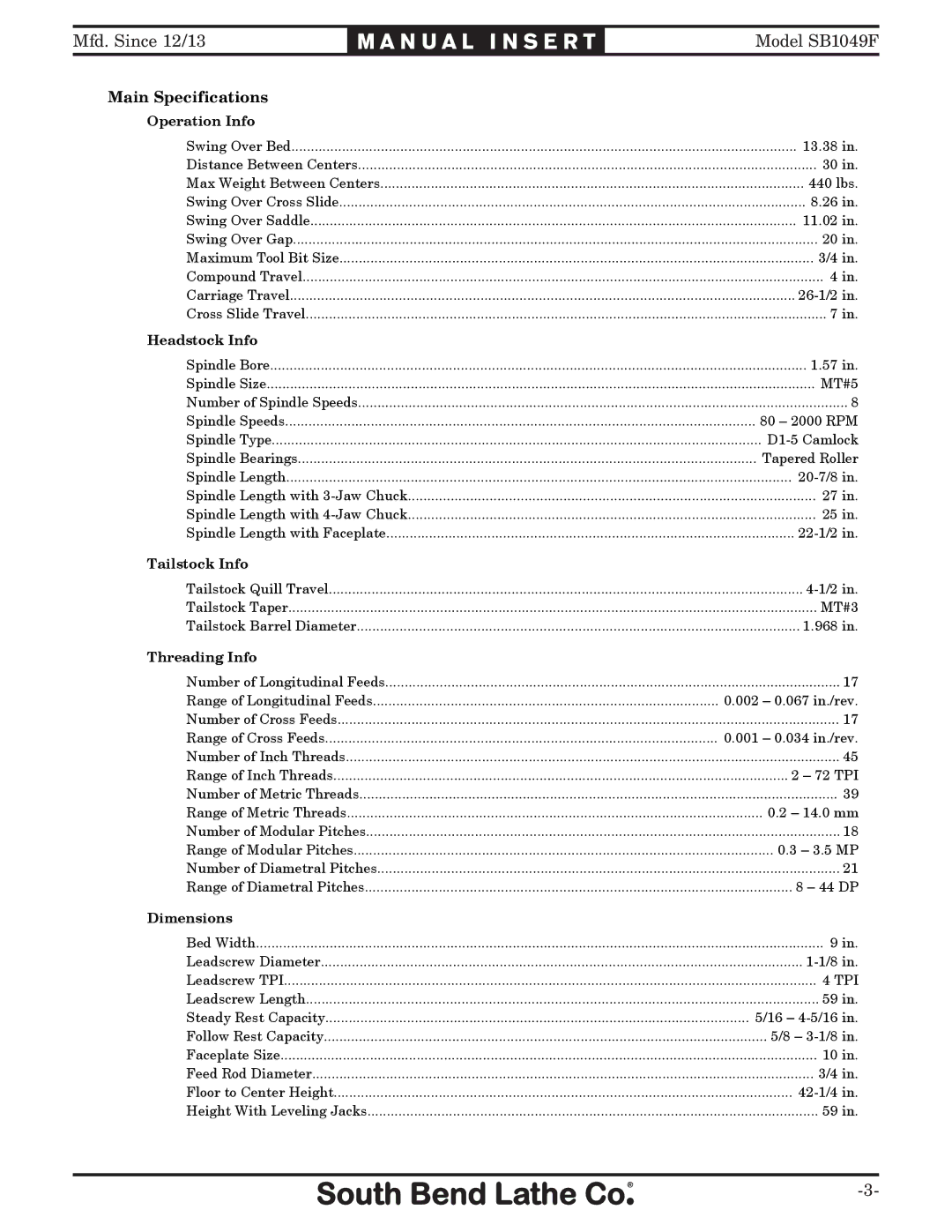 Southbend SB1049F owner manual Main Specifications 