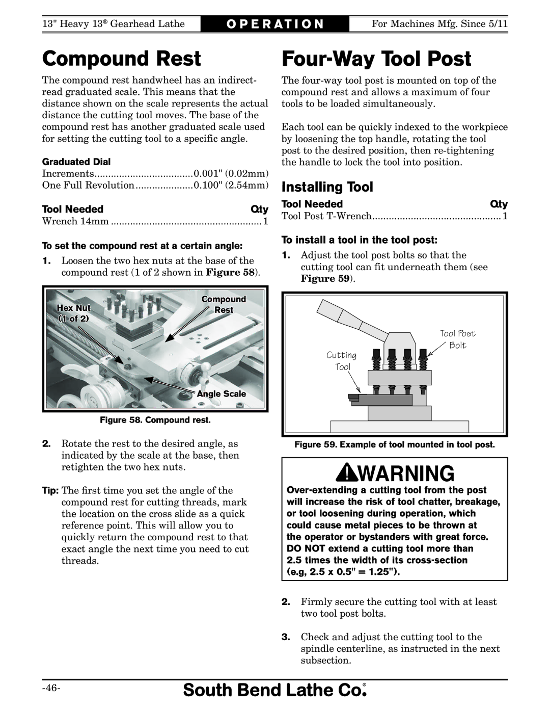 Southbend SB1049F Compound Rest, Four-Way Tool Post, Installing Tool, Tool Needed Qty, To install a tool in the tool post 