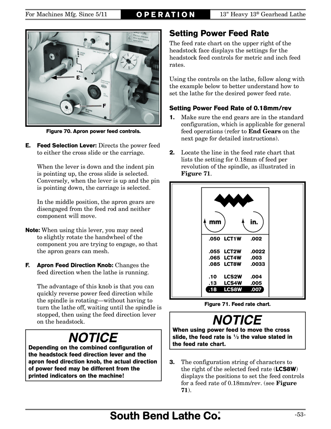 Southbend SB1049F owner manual Setting Power Feed Rate of 0.18mm/rev 