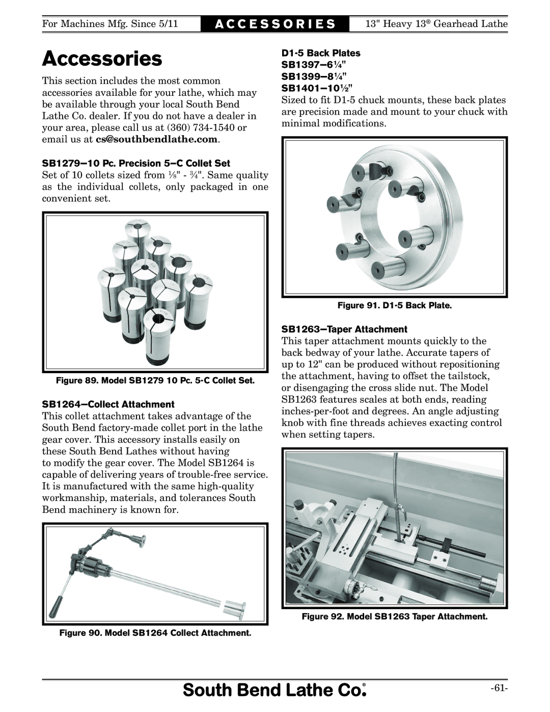 Southbend SB1049F Accessories, SB1279-10 Pc. Precision 5-C Collet Set, SB1264-Collect Attachment, SB1263-Taper Attachment 