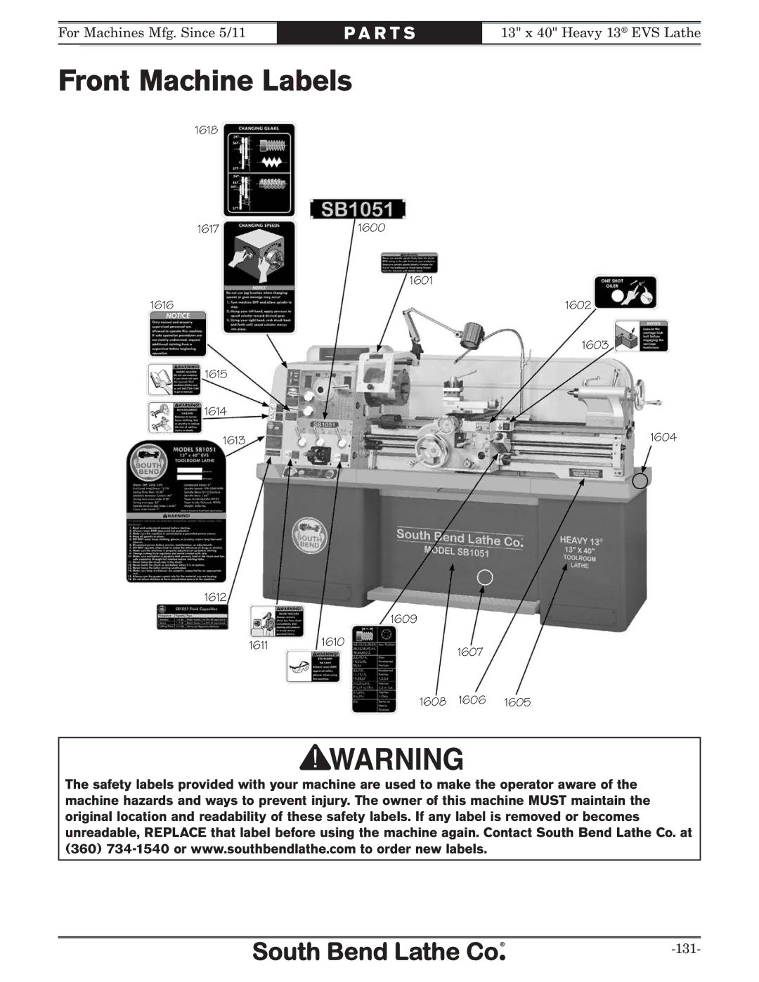 Southbend SB1051 owner manual Front Machine Labels 