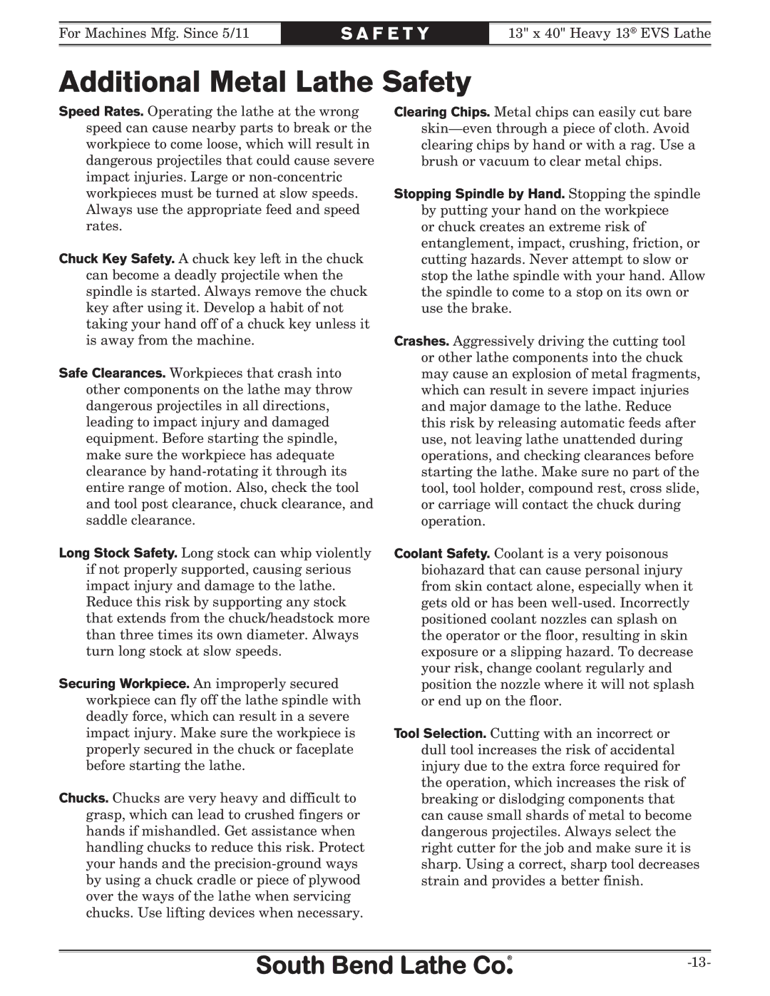 Southbend SB1051 owner manual Additional Metal Lathe Safety 