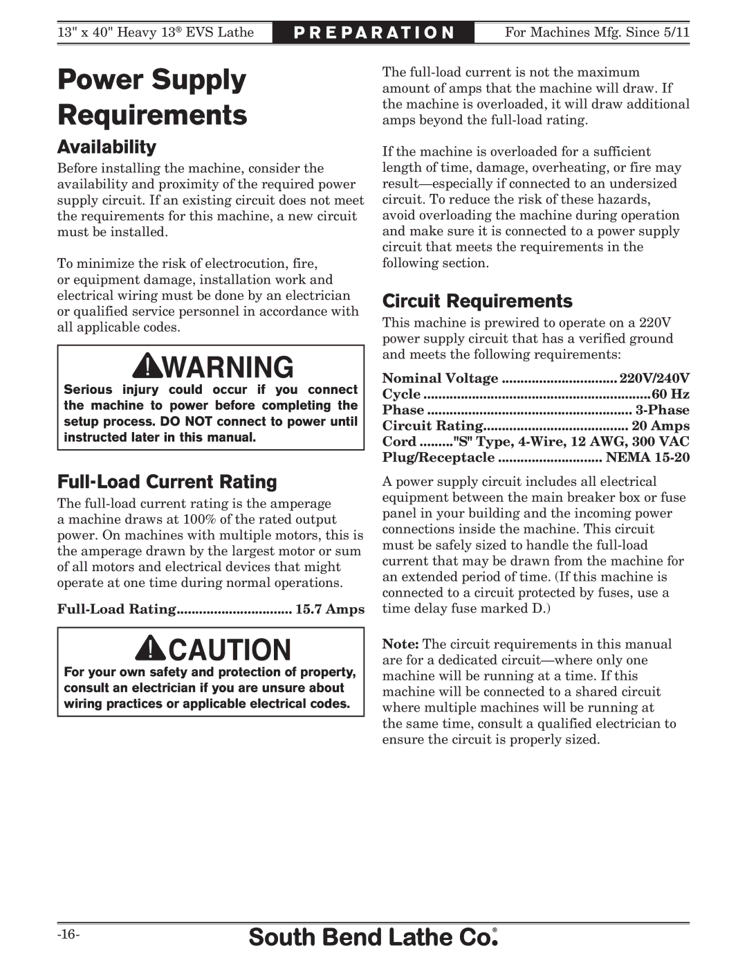 Southbend SB1051 owner manual Power Supply Requirements, Availability, Full-Load Current Rating, Circuit Requirements 