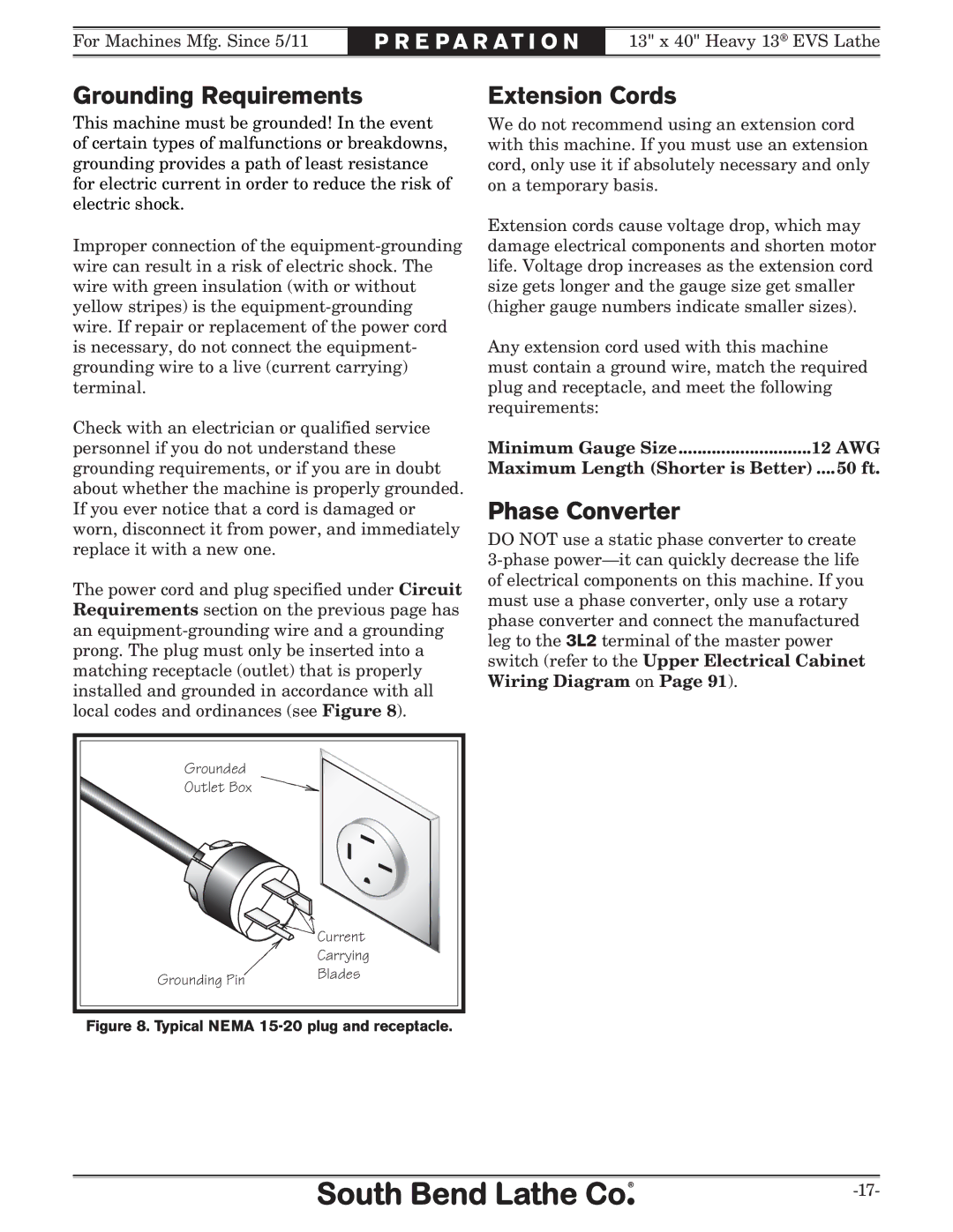 Southbend SB1051 owner manual Grounding Requirements, Extension Cords, Phase Converter 