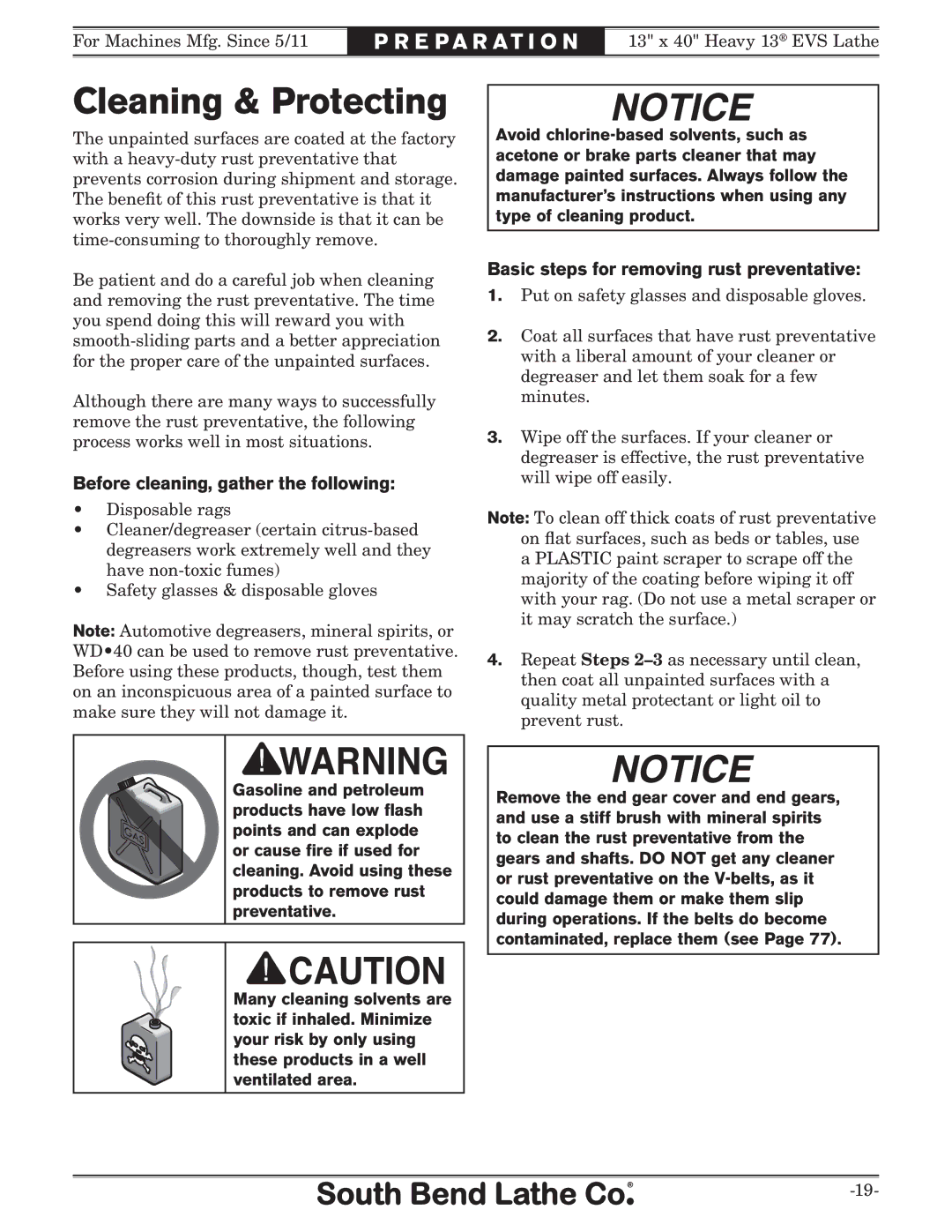 Southbend SB1051 Cleaning & Protecting, Before cleaning, gather the following, Basic steps for removing rust preventative 